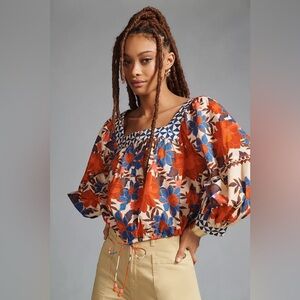 Farm Rio x Anthropologie Printed Square Neck Puff Sleeve Blouse Sz XS